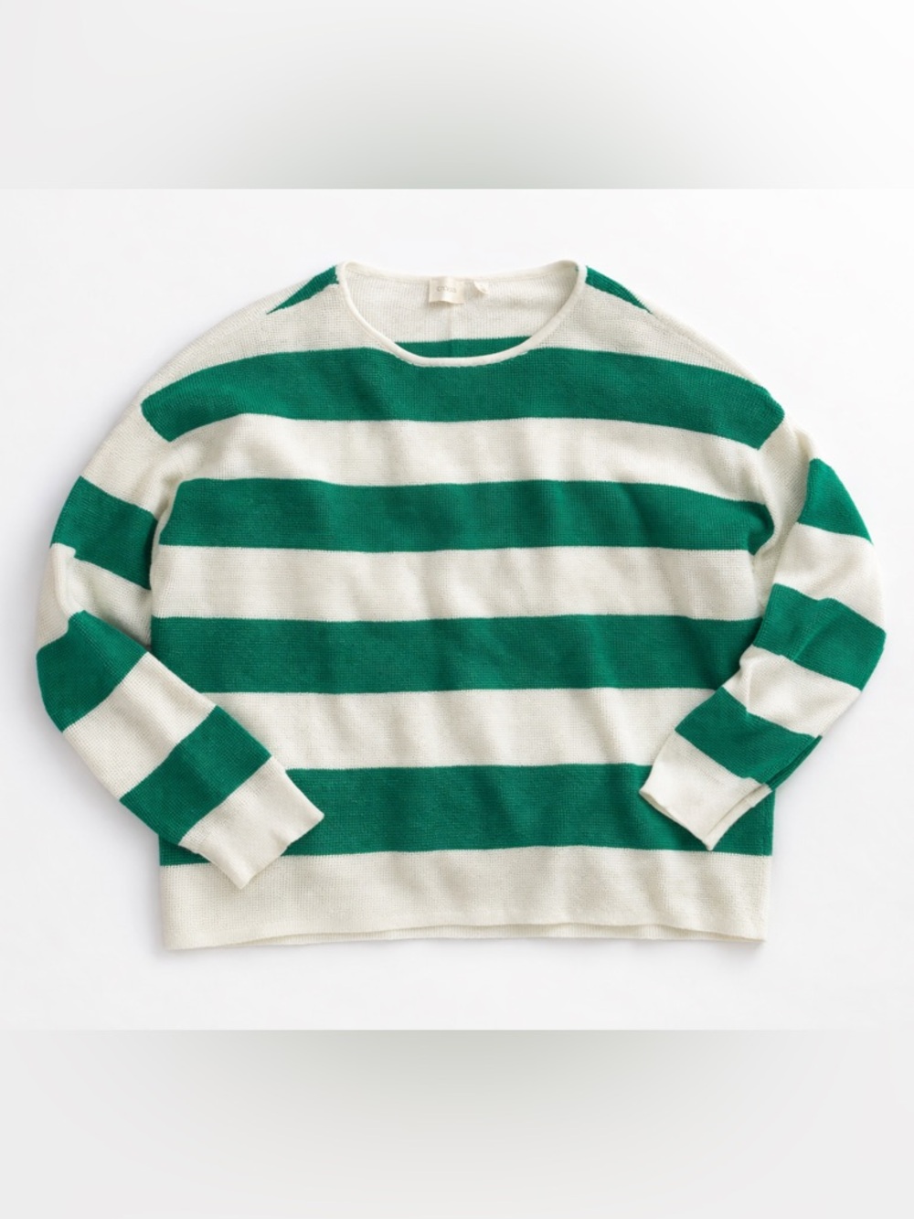 Cyrus Green and White Striped Crewneck Sweater rayon/nylon size L .